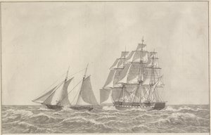 Kuunaari pakenemassa takaa-avaa fregattia tekijältä Christoffer Wilhelm Eckersberg