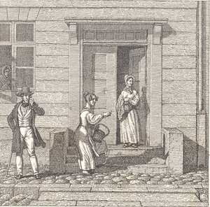 Katukuva, kaksi tyttöä, mies ja nainen etsivät jotain tekijältä Christoffer Wilhelm Eckersberg