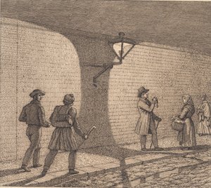 Katukuvaa lampunvalossa. Kuva "Lineaarinen perspektiivi", levy VIII tekijältä Christoffer Wilhelm Eckersberg