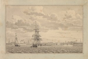 Kööpenhamina Yderhavnenista katsottuna prikillä ankkurissa ja purjehdusluukalla. tekijältä Christoffer Wilhelm Eckersberg