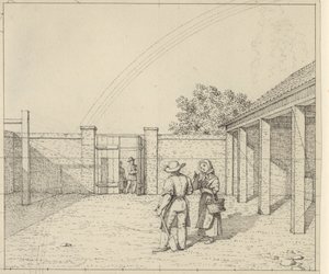 Lineaarinen perspektiivi sovellettu maalaustaiteen - Luonnos käyttämättömälle versiolle levystä V,2 - Sateenkaari pihan yllä. tekijältä Christoffer Wilhelm Eckersberg