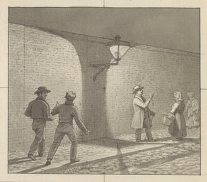 Maalaustaiteeseen sovellettu lineaarinen perspektiivi, levy VIII, kuva 1 - Yöliikenne katuvalon alla. tekijältä Christoffer Wilhelm Eckersberg