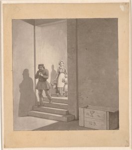Mies matkalla alas portaita, taustalla nainen ja lapsi tekijältä Christoffer Wilhelm Eckersberg