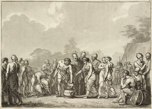 Tomyris, hieronnan kuningatar, heittää Cyrusin pään verialtaaseen tekijältä Christoffer Wilhelm Eckersberg
