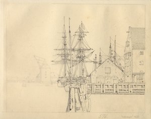 Tontti yhdeltä Christianshavnin telakalta, taustalla Mastekran. tekijältä Christoffer Wilhelm Eckersberg