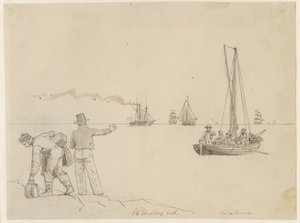 Matkustajat siirretään höyrylaivaan Caledonia. tekijältä Christoffer Wilhelm Eckersberg