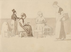 Kohtaus maatilalta tai laiturilta Pariisissa. Neljä istuvaa, seisovaa ja kävelevää hahmoa. tekijältä Christoffer Wilhelm Eckersberg