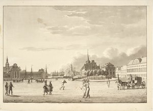 Kööpenhaminan Linnaaukio ja Holmenin kirkko, Børsen, nyt kadonnut pankki- ja kansliarakennus ("Punainen rakennus") tekijältä Christoffer Wilhelm Eckersberg