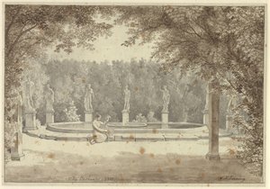 Suihkulähde Palazzo Barberinin puutarhassa Roomassa tekijältä Christoffer Wilhelm Eckersberg