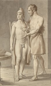 Telemachos tapaa Odysseuksen kerjäläiseksi naamioituneena paimen Eumaios - Odysseus luona; fragmentti koko sävellyksestä. tekijältä Christoffer Wilhelm Eckersberg
