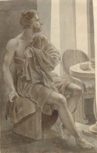 Telemachos tapaa Odysseuksen kerjäläiseksi naamioituneena paimen Eumaios - Odysseus luona; fragmentti koko sävellyksestä. tekijältä Christoffer Wilhelm Eckersberg
