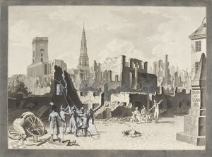 Ulfeldtin aukio, jota nykyään kutsutaan nimellä Gråbrødertorv, brittiläisen pommituksen jälkeen syyskuussa 1807 tekijältä Christoffer Wilhelm Eckersberg