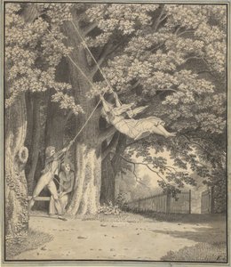Skjoldnæsholmin metsät nuoren miehen kanssa, joka heilauttaa nuorta tyttöä tekijältä Christoffer Wilhelm Eckersberg