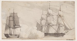 Kaksi sotalaivaa taistelussa (englannin fregatti Shannon ja amerikkalainen fregatti Chesapeak?) tekijältä Christoffer Wilhelm Eckersberg