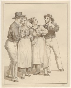 Kaksi merimiestä hoitaa paria tyttöä. tekijältä Christoffer Wilhelm Eckersberg