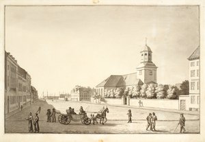 Näkymä Sankt Annæ -aukiolle ja Garrisonin kirkkoon tekijältä Christoffer Wilhelm Eckersberg