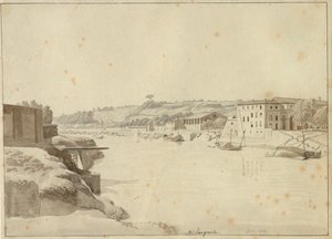 Näkymä Tiberistä kohti Porto di Ripa Grandea ja Porta Portesea Rooman Monte Aventinon alapuolelta katsottuna. tekijältä Christoffer Wilhelm Eckersberg