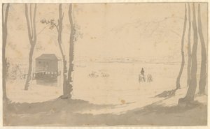 Näkymä järvelle, vasemmalla kylpylä, keskustassa ratsastajat juottavat hevosia, etualalla metsää tekijältä Christoffer Wilhelm Eckersberg