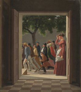 Näkymä ovesta juokseviin hahmoihin tekijältä Christoffer Wilhelm Eckersberg