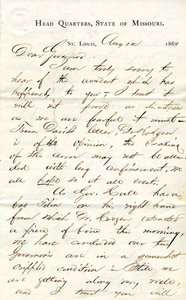 Kirje allekirjoitettu C.C. Bailey, Head Quarters, Missourin osavaltio, St.Louis, kuvernöörille [Hamilton R.Gamble], 12. elokuuta 1863 tekijältä C. C. Bailey