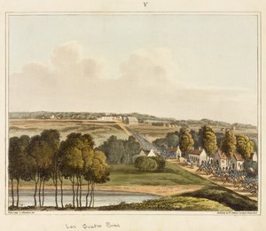 Les Quatre Bras, teoksesta "Historiallinen kertomus Waterloon taistelusta", kaiverrus James Rouse, 1817 (värillinen akvatinta) tekijältä C. C. Hamilton
