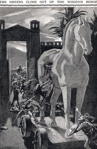 Kreikkalaiset kiipeävät puuhevosesta, kuvitus "Newnesin kuvakirjasta" (litho)