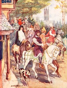 Chaucer ratsastaa Canterburyyn pyhiinvaeltajien kanssa (värilitho) tekijältä C. Dudley Tennant