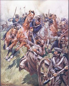 Kasakka ja venäläinen kelattu sapelin iskusta, kuvitus teoksesta "Balladit kuuluisista taisteluista", n. 1900 (värilitho)