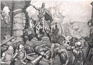 Henry V Harfleurin piirityksessä, kuvitus teoksesta "British Battles on Land and Sea", julkaisija Cassell, Lontoo, n. 1910 (litho) tekijältä C. Dudley Tennant
