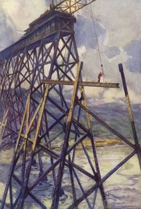 Colocando o aço do Battle River Viaduct da Grand Trunk Pacific Railway, Canadá (lito de cor) finlandês tekijältä C. Dudley Tennant