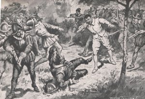 Amiraali, jota seurasi hänen puolueensa, juoksi päätä huipulle Vera Cruzin vartijalle, kuvitus teoksesta "British Battles on Land and Sea", julkaisija Cassell, Lontoo, n. 1910 (litho) tekijältä C. Dudley Tennant