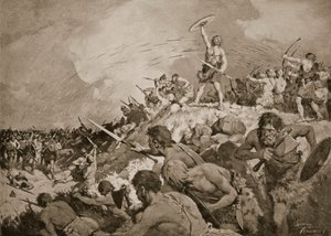Mons Badonicuksen taistelu, noin 500 jKr, kuvitus teoksesta "Kansakunnan historia" (litho)