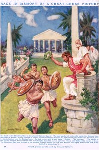 Marathon: Kisa suuren kreikkalaisen voiton muistoksi, kuvitus "Newnesin kuvakirjasta tiedon" (väri litho) tekijältä C. Dudley Tennant