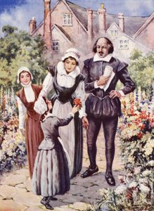 William Shakespeare vaimonsa ja kahden tyttärensä kanssa puutarhassa New Placessa, Stratford-upon-Avonissa (värilitho)