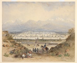 Kenraali, joka arvioi ratsuväkeä ja jalkaväkeä, jotka ovat saapumassa muurien ympäröimään kaupunkiin vuoristoisessa maassa, ehkä Kandaharissa (N.W.F.P.). 1843, aikaisemman luonnoksen jälkeen. tekijältä C. Graham