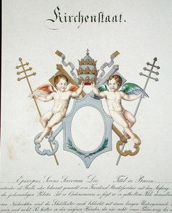 Vatikaanin kirkkovaltion käsivarret, Saksassa julkaistusta vesivärikokoelmasta, n. 1830-1833 (värilitho) tekijältä C. Hildebrandt