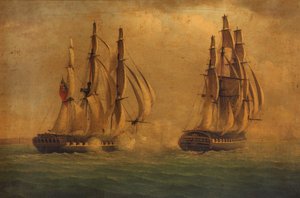 HMS "Crescentin" ja "Reunionin" välinen taistelu 20. lokakuuta 1793: alukset taistelevat (maalaus). tekijältä C. M. Jones