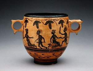 Skyphos parodiakohtauksilla, n. 430-410 eKr. (keraaminen) (katso myös 307555) tekijältä Cabirian