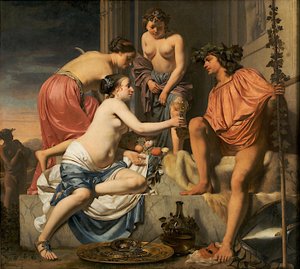 Bacchus valtaistuimella - nymfit, jotka tarjoavat Bacchus -viiniä ja hedelmiä
