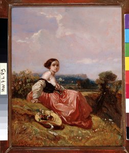 Nuori tyttö hatussa Sainte Mountain Victoire -maalauksen edessä Camille Roqueplan (1803-1855) Dim. 18x23 cm Pakollinen maininta: Kokoelman perustan terveisiä Provencesta, Marseillesta