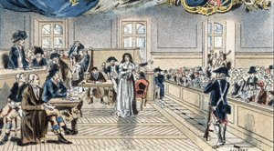 Marie Antoinette, Ranskan kuningatar, tuomareiden edessä oikeudenkäynnissä 14. lokakuuta 1793. tekijältä Camille Gilbert