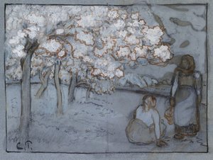 Sävellystutkimus kahdesta naistalonpojasta, jotka keskustelevat hedelmätarhassa, n. 1894 (punaruskea ja intialainen muste hiilen päällä, korostettu kehonvärillä sinisellä paperilla) tekijältä Camille Jacob Pissarro