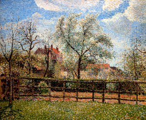Päärynäpuut ja kukat Eragnyssa, Aamu, 1886 tekijältä Camille Jacob Pissarro
