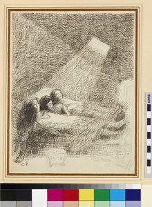 Asphysia-aiheinen luonnos (lyijykynä ja tussi lyijykynällä lasitetulle paperille) tekijältä Camille Jacob Pissarro