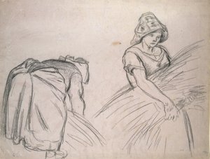Tutkimus kahdesta naiskorjuukoneesta, 1882 (musta liitu vaaleanpunaisella paperilla valkoisella) tekijältä Camille Jacob Pissarro