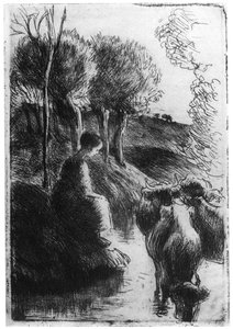 Vachere au Bord de Leau, lehmänpaimen veden äärellä, c1850-1900 1924 tekijältä Camille Jacob Pissarro