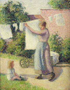 Nainen ripustaa pesun, 1887 tekijältä Camille Jacob Pissarro