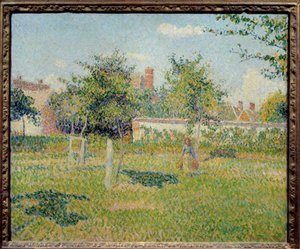 Nainen kankaassa tai "" Kevätaurinko Eragnyssa"" Camille Pissarron (1830-1903) maalaus 1887 Sun. 0,54x0,65 m Pariisi, musee d