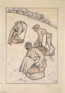 Naiset kitkemässä ruohoa (kynä ja tussi, wc ja hiili paperille). tekijältä Camille Jacob Pissarro