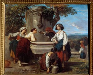 Ossaloisia suihkulähteellä Ossaun laakson viljelijät kokoontuvat keskustelemaan suihkulähteen luona. Camille Roqueplanin (1803-1855) maalaus
